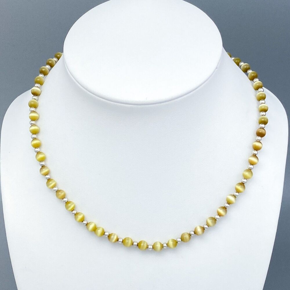 New Women's Sterling Silver 925 Gold Synthetic Cat's Eye Bead Necklace 16-17.5"